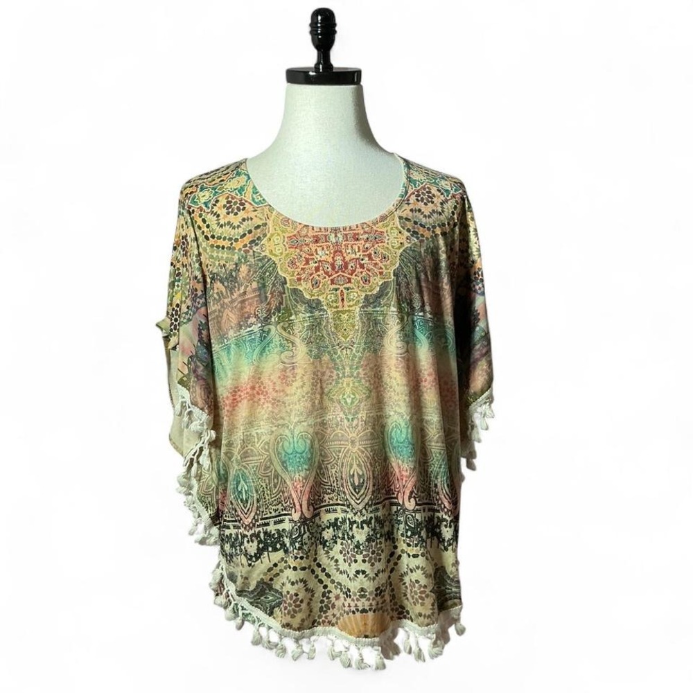 One World Tunic Top 1X Beige Multicolor Boho Hippie‎ Paisley Print